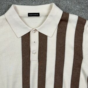 Paul Fredrick Knit Polo Mens M Ivory Brown Striped 100% Cotton Retro Classic NWT